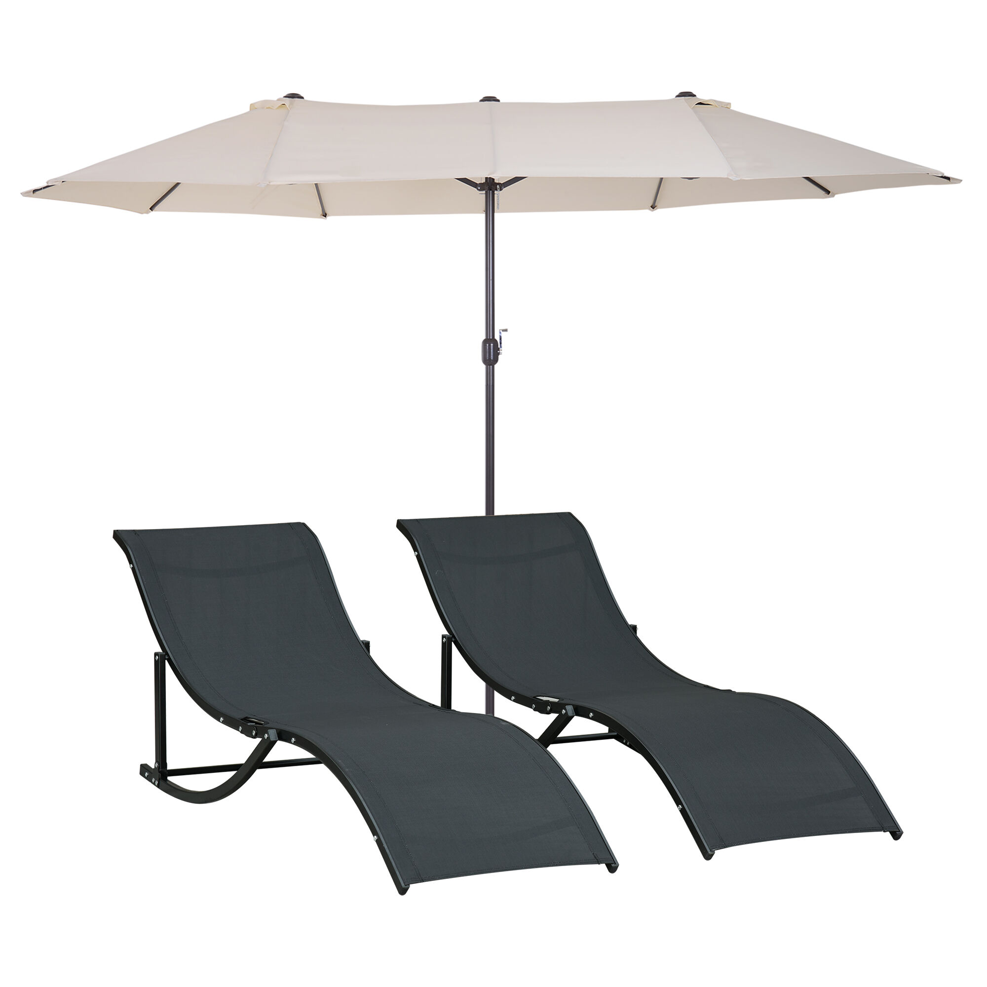 Outsunny Conjunto de Sombrilla Doble y 2 Tumbonas Plegables en Forma de S para Piscina Patio Jard&iacute;n Terraza 4,55x2,65x2,38 m 165x61x63 cm Beige y Negro, , large Imagen numero 1