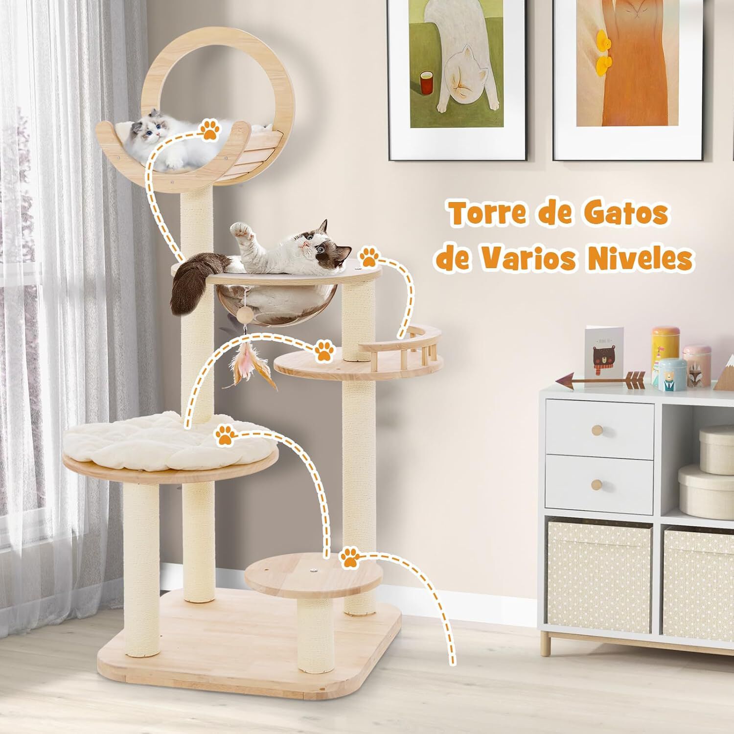 COSTWAY &Aacute;rbol para Gatos de 146 cm, 4 en 1 Torre para Gatos con Cama Curvada, 3 Plataformas Redonda, C&aacute;psula Espacial Transparente, Juguete Interactivo Colgante y Postes Rascadores de Sisal y Roble, , large Imagen numero 3
