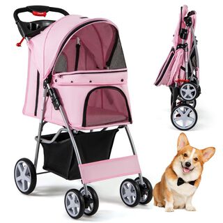 COSTWAY Cochecito Plegable de 4 Ruedas, Transportín de Viaje Portátil con Cesta de Almacenaje, Ventana de Malla, Cremallera & Portavasos, para Mascotas Pequeñas y Medianas, Rosa