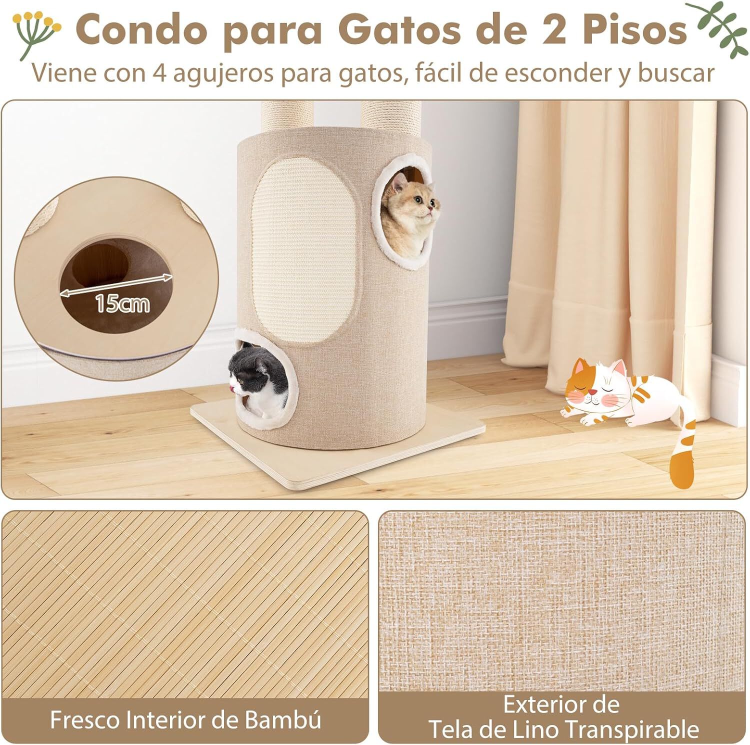 COSTWAY &Aacute;rbol para Gatos de Altura 187 cm, Rascador para Gatos de Madera con 2 Plataformas, 1 Cueva, 1 Hamaca, Postes Rascadores de Sisal y Cojines Lavables, Torre para Gatos, Natural, , large Imagen numero 5