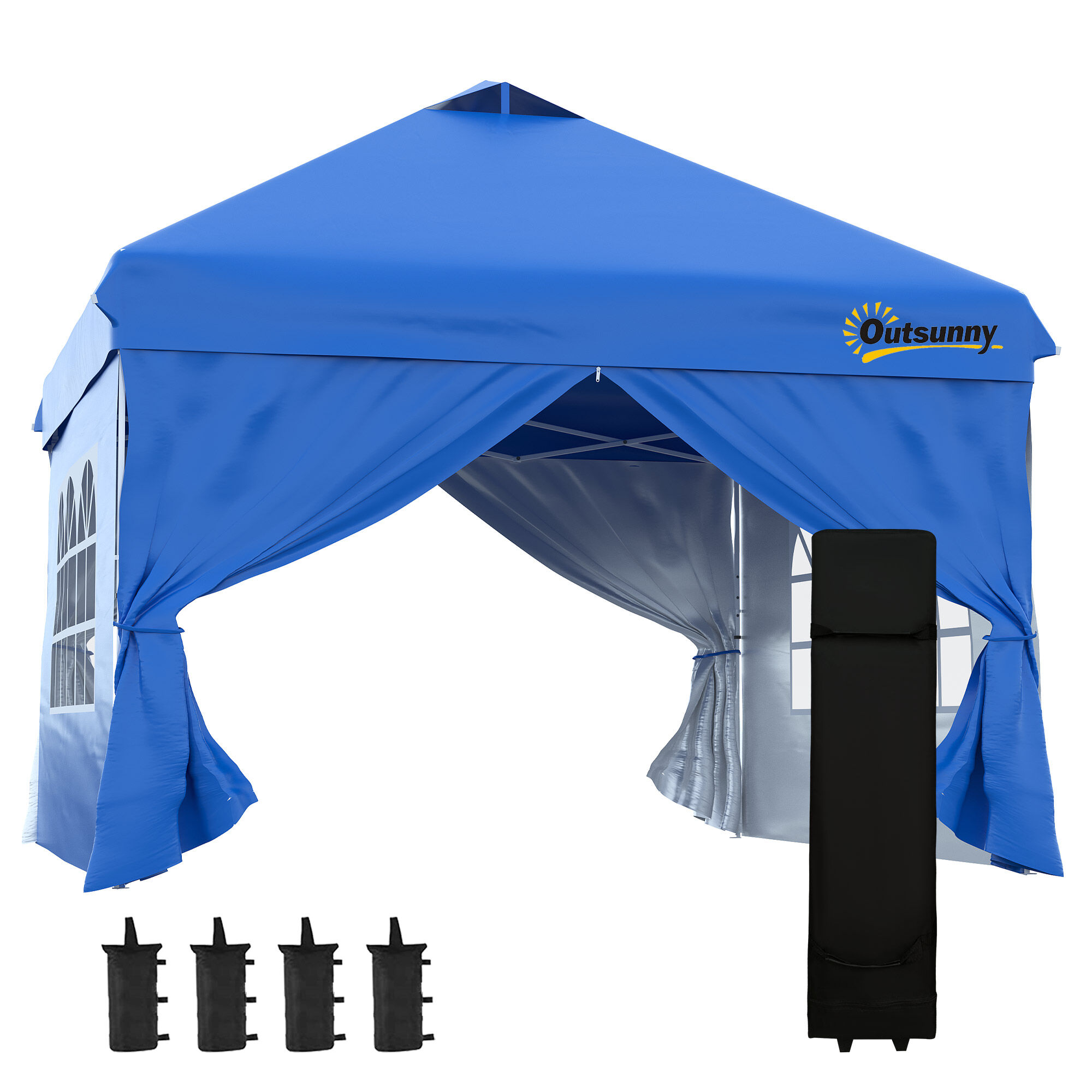 Outsunny Carpa Plegable 3x3 m con Altura Ajustable de 3 Niveles Cenador de Jard&iacute;n con 4 Paredes Extra&iacute;bles 2 Ventanas 4 Sacos de Arena y Bolsa de Transporte Gazebo para Exterior Camping Azul, , large Imagen numero 1