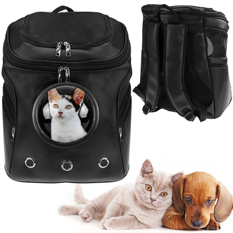 Mochila para transporte de mascotas gato y perro Transportin de imitación a piel, Color negro, , large image number null