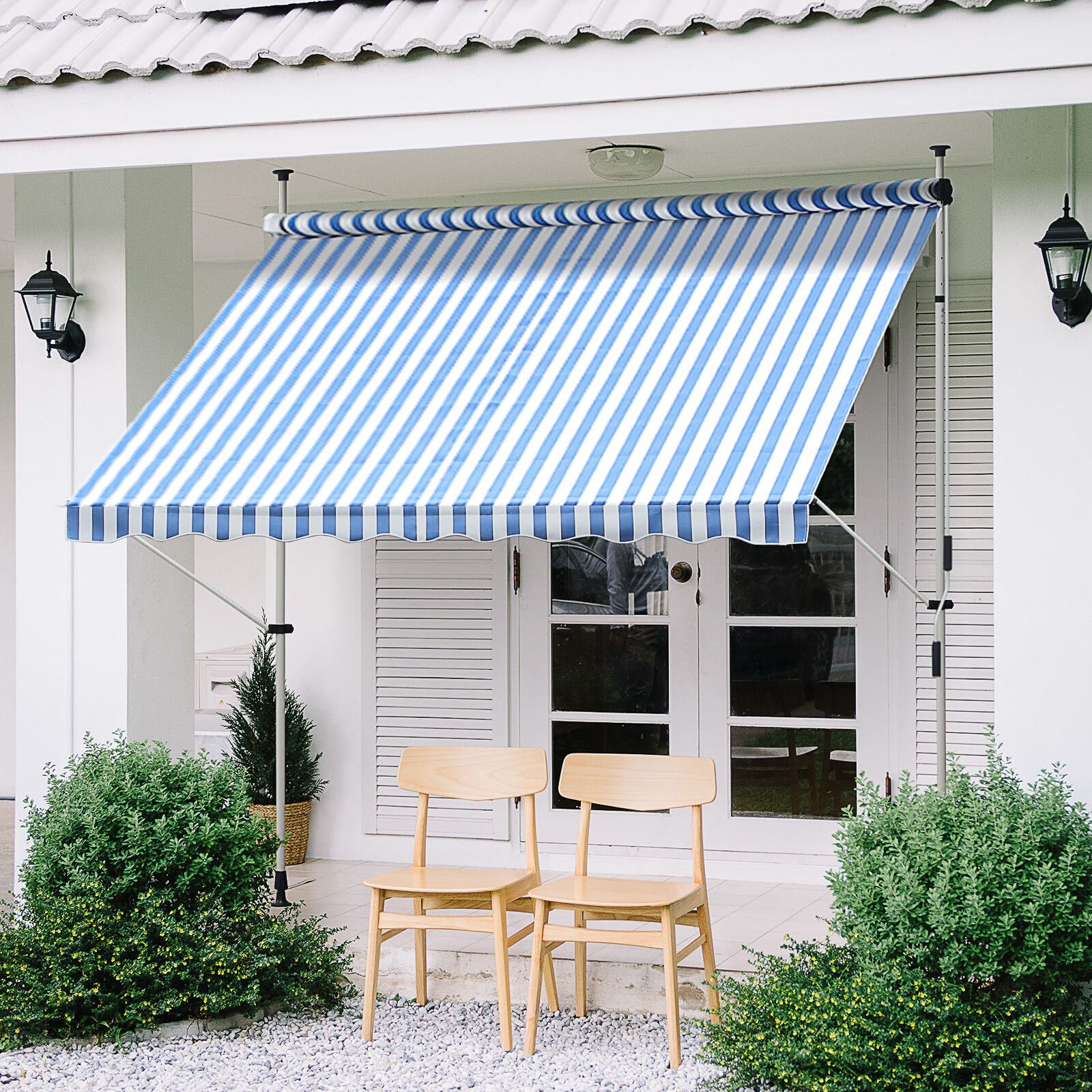 Toldo Plegable Ventana Exterior Montando en La Pared para Jard&iacute;n Patio Piscina Balc&oacute;n Extensible Altura Regulable en 4 Niveles con Manivela Instalaci&oacute;n f&aacute;cil 197x250x200/300cm Azul y Blanco, , large Imagen numero 2