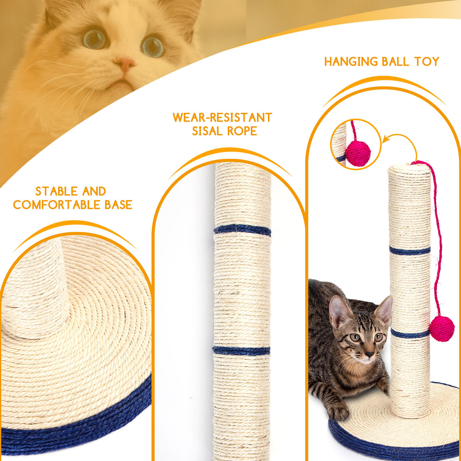Nobleza - Poste de Rascado para Gatos,L30*W30*H46CM,Trepador de Cuerda de Sisal para Gatos con Pelotas de Felpa,Material de Sisal Duradero,Azul, , large Imagen numero 2