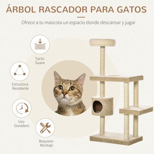 PawHut &aacute;rbol con cueva m&uacute;ltiples plataformas color Beige, , large Imagen numero 4