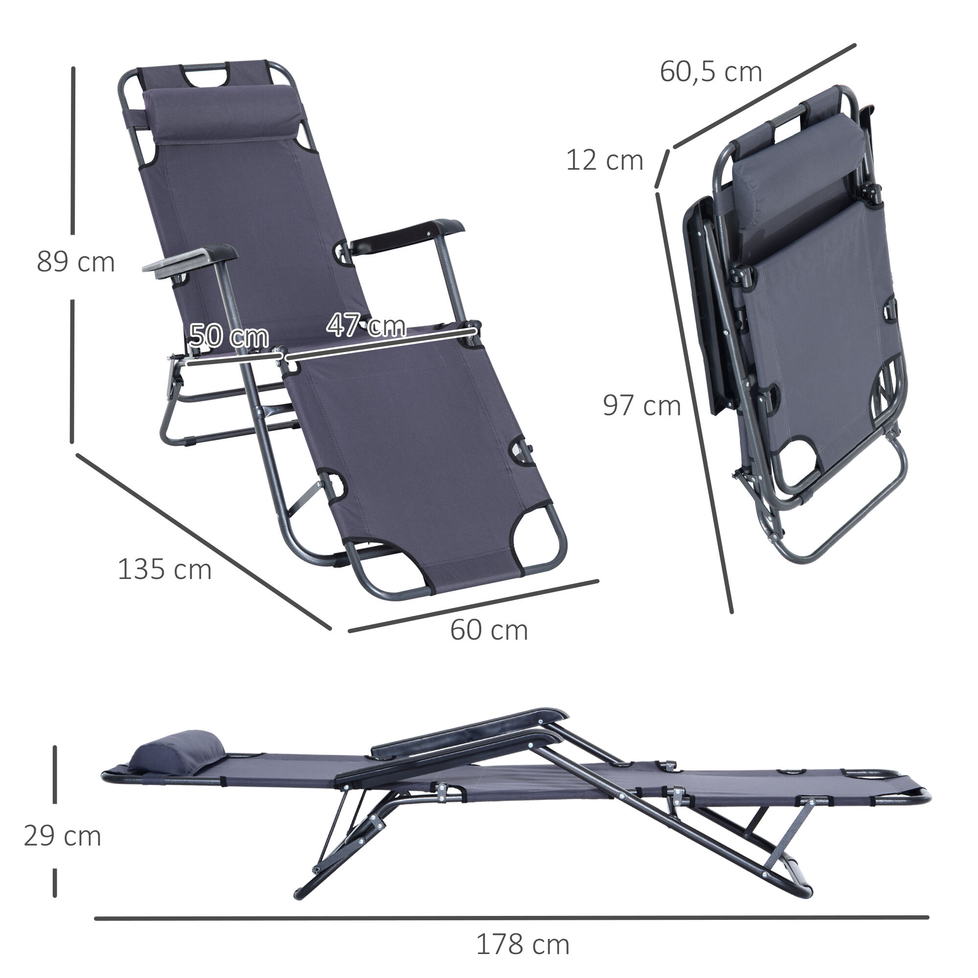 Outsunny Tumbona Reclinable y Plegable Silla de Playa Tumbona Relax Plegable con Respaldo Ajustable Reposabrazos Almohada y Reposapi&eacute;s para Jard&iacute;n Balc&oacute;n Carga 136 kg 135x60x89 cm Gris, , large Imagen numero 3
