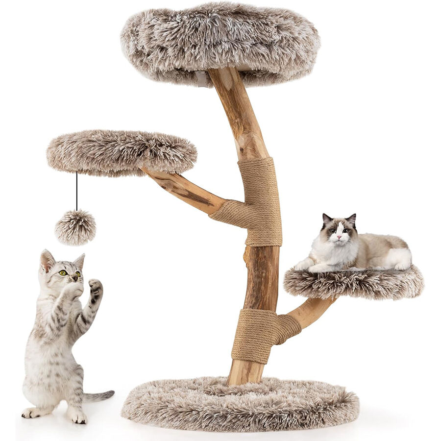 COSTWAY Rascador para Gatos, &Aacute;rbol para Gatos de Madera, Torre para Gatitos con Tronco de Peral S&oacute;lido con Plataforma, Centro de Actividades Moderno con Postes para Rascar de Sisal (Marr&oacute;n, 105 cm), , large Imagen numero 1