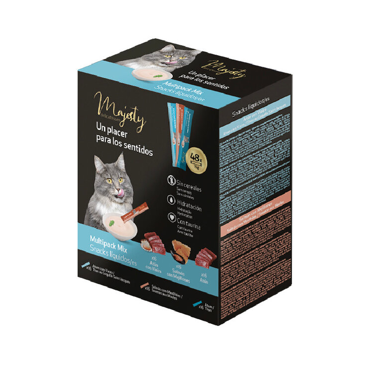 48 sobres x 15 g Majesty Mix Pescado snack líquido para gatos