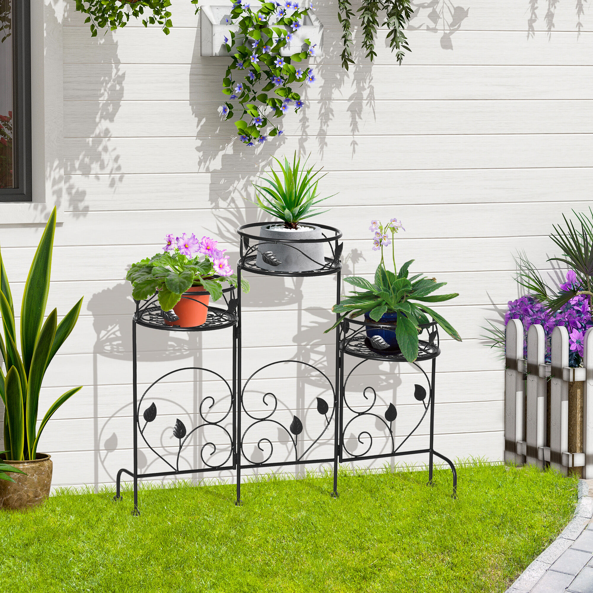 Outsunny Soporte de Metal para Plantas Macetas Plegable Estanter&iacute;a para Flores con 3 Estantes Decoraci&oacute;n Interiores Exteriores para Jard&iacute;n Terraza Balc&oacute;n 74x23x62 cm Negro, , large Imagen numero 2