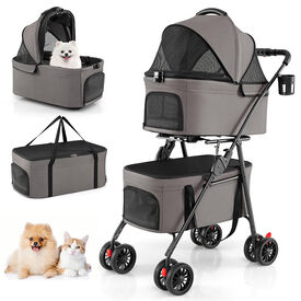 COSTWAY Carrito para Perros Plegable Doble 3 en 1, Cochecito para Perros con 2 Portadores Desmontables, Ruedas con Freno, Malla Transpirable, Portavasos, Carro para Mascotas hasta 15 kg, Gris