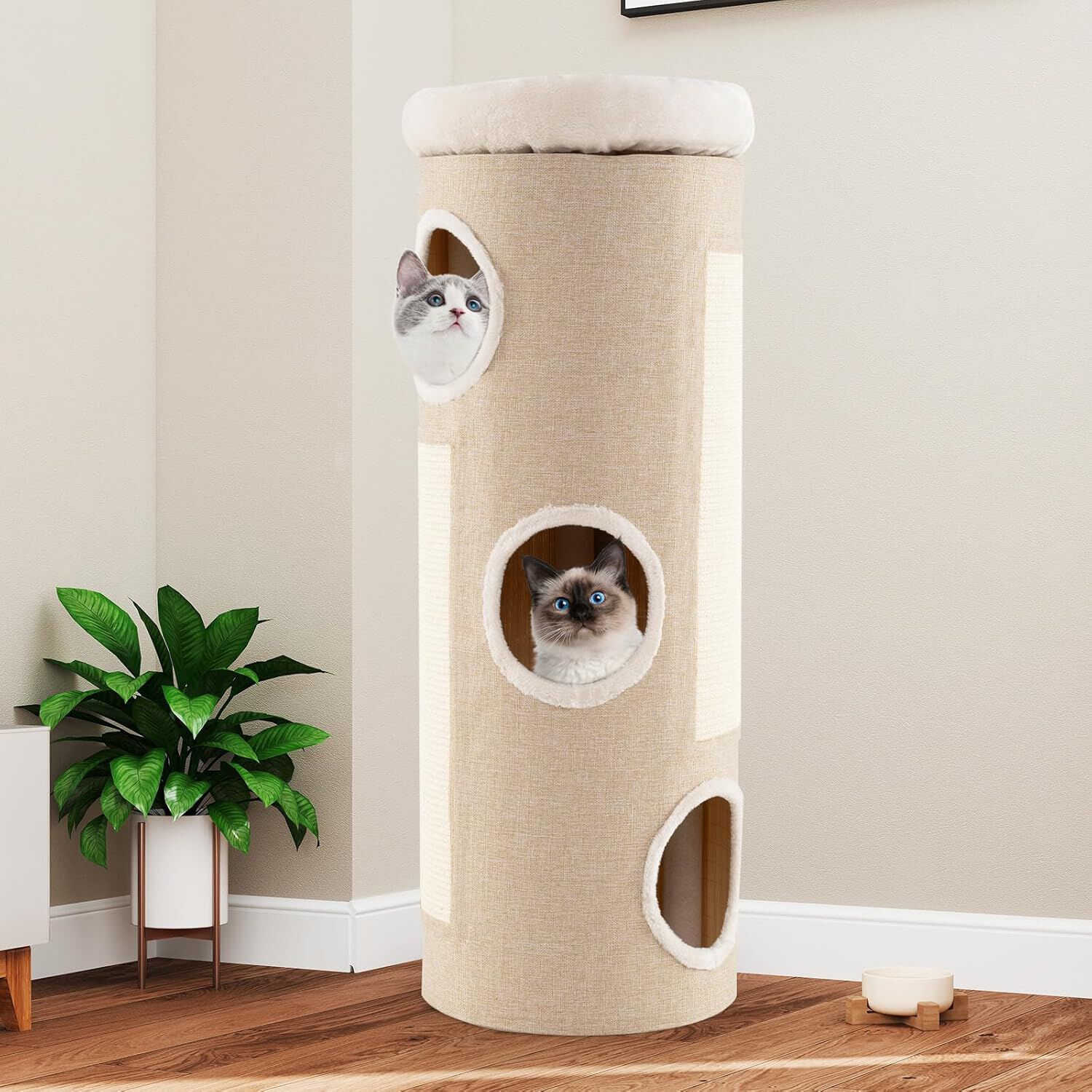 COSTWAY Barril Rascador de 4 Niveles para Gatos, Postes rascadores para Gatos con Cama de Percha Removible, Tablero Rascado de Sisal, &Aacute;rbol Rascador para Gato Interior, Cueva para Gatitos (De Sisal), , large Imagen numero 2