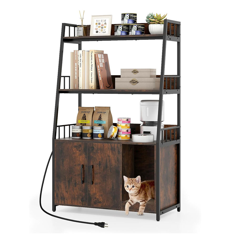 COSTWAY Armario para Gatos, Armario de Caja de Arena con Estantes de Almacenamiento, Almohadilla para Arañar, Estación de Carga, Mueble de Interior Resistente con Kit Antivuelco (Estilo Industrial)