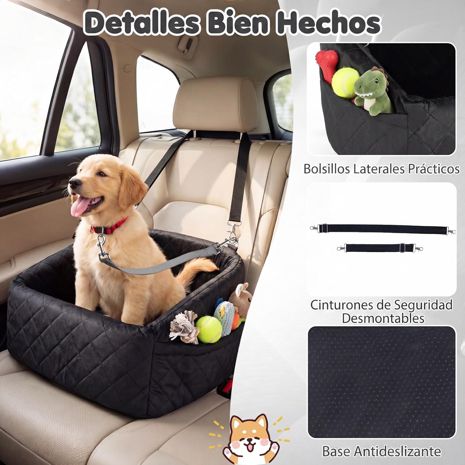 COSTWAY Asiento de Coche para Perros Peque&ntilde;os y Medianos, Transport&iacute;n Perro Coche con Correa de Seguridad, Bolsillos de Almacenaje, Base Antideslizante y Funda Lavable, 50 x 46 x 30 cm (Negro), , large Imagen numero 4