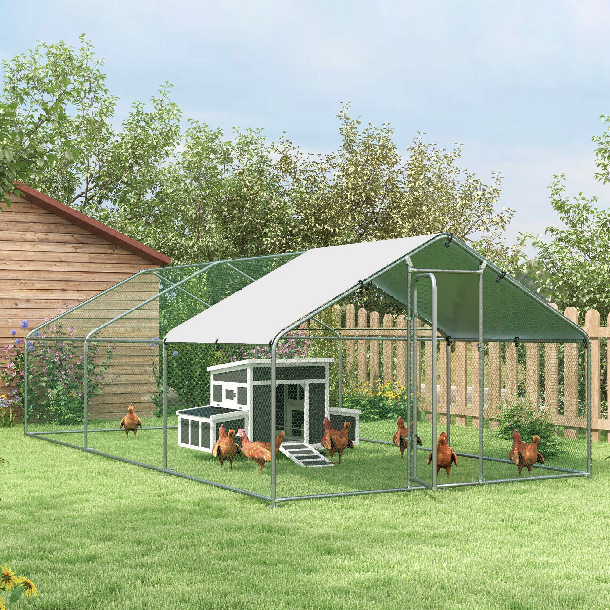 PawHut Conjunto de 1 Gallinero de Madera con Bandeja Extra&iacute;ble y Perchas 147x93,5x89,5 cm y 1 Gallinero para Exterior Grande de Metal Galvanizado 3x6x2 m, , large Imagen numero 2