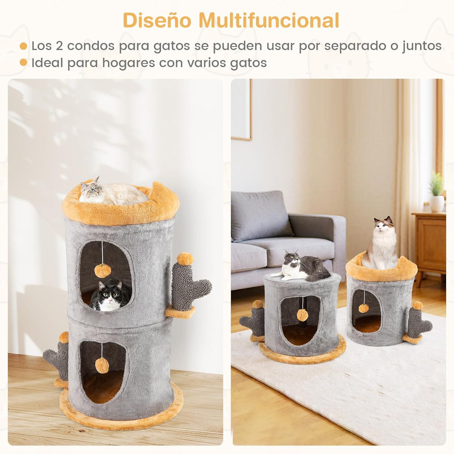COSTWAY Casa para Gatos Interior, 48x48x83cm, Cama de Gato con 2 Condos, 2 Bolas Colgantes, Cueva para Gatos de 2 Capas, Tela de Felpa Suave, para Dormir, Jugar, Esconderse, Gris y Naranja, , large Imagen numero 3