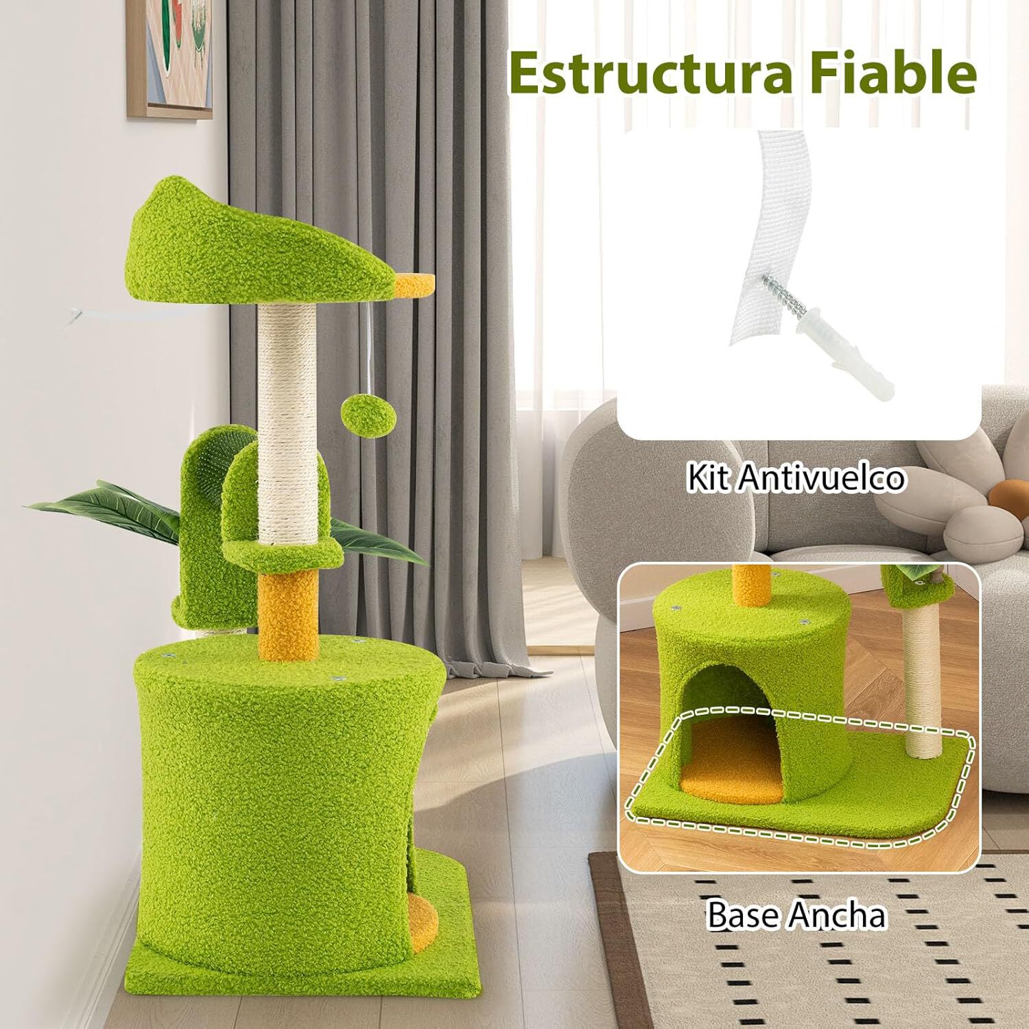 COSTWAY &Aacute;rbol para Gatos de Bosque, Torre con Condominio, Percha, Postes de Sisal, Cepillo y Pomp&oacute;n, Centro de Actividades con Hojas Artificiales, Verde y Naranja, 48 x 33 x 79 cm, , large Imagen numero 3