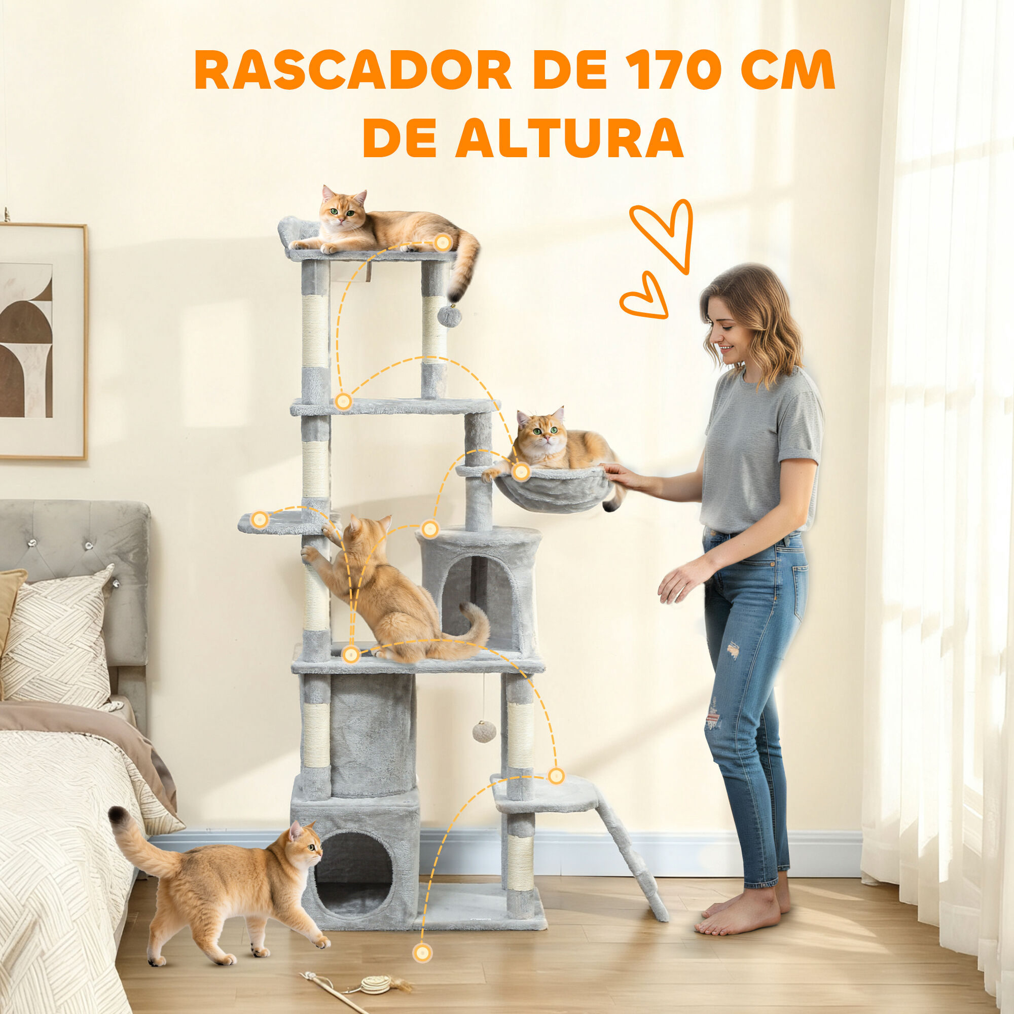 PawHut &Aacute;rbol Rascador para Gatos Grande, &Aacute;rbol para Gatos, Altura 170 cm, Torre de Escalada con 7 Postes, 1 T&uacute;nel, 3 Plataformas, 2 Cuevas, 1 Hamaca, 1 Percha, 1 Rampa, Pompones, Gris Claro, , large Imagen numero 4