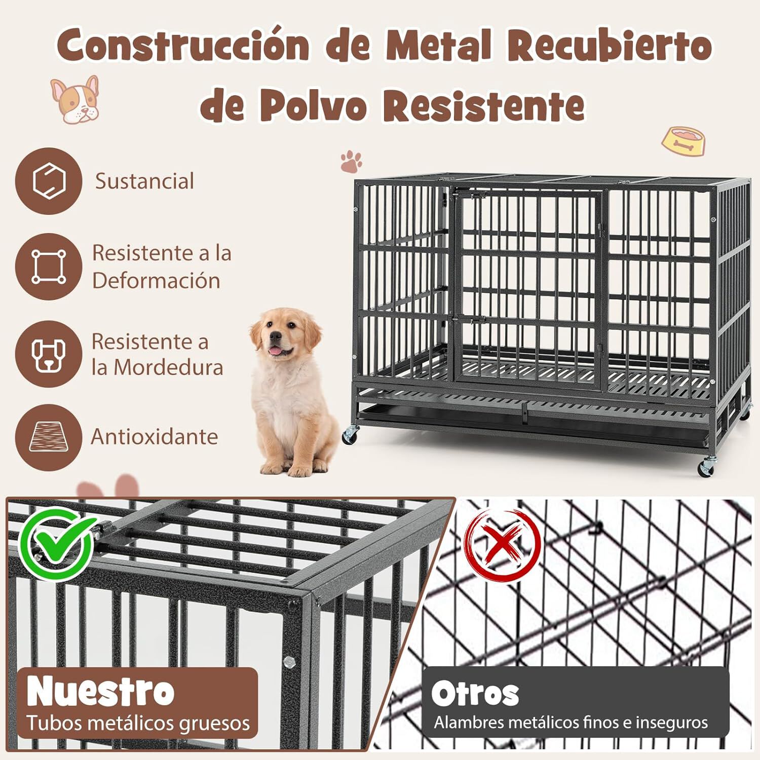 COSTWAY Jaula para Perros Plegable, Jaula para Mascotas de Metal con 2 Puertas, 4 Ruedas Giratorias, Bandeja Extra&iacute;ble, Caja para Perros Port&aacute;til para Interiores y Exteriores (120 x 76 x 90 cm), , large Imagen numero 4