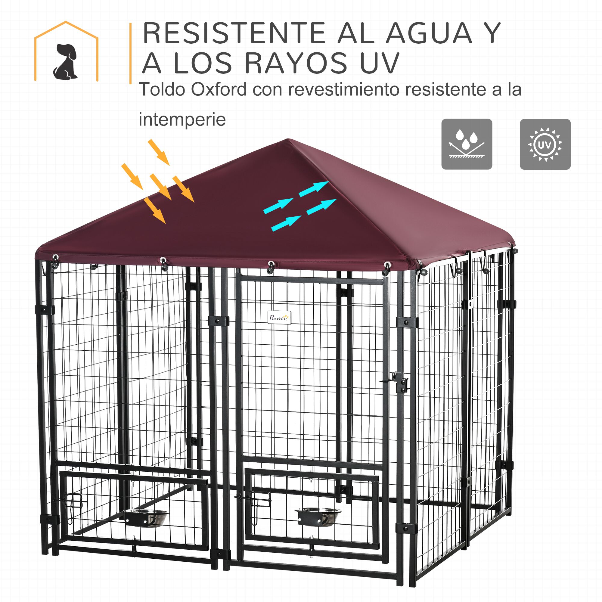 PawHut Perrera de 8 Paneles Parque para Perros Met&aacute;lica de Exterior con 2 Soportes Giratorios para Comida 2 Cuencos y Toldo de Impermeable y Anti-UV 141x141x153 cm Negro y Rojo, , large Imagen numero 4