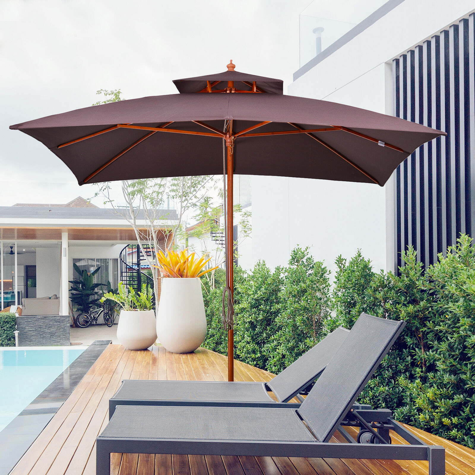 Outsunny Sombrilla de Jard&iacute;n 3x3x3 m Parasol de Jard&iacute;n de Bamb&uacute; con Doble Techo Sistema de Polea Impermeable para Terraza Balc&oacute;n Exterior Marr&oacute;n, , large Imagen numero 2