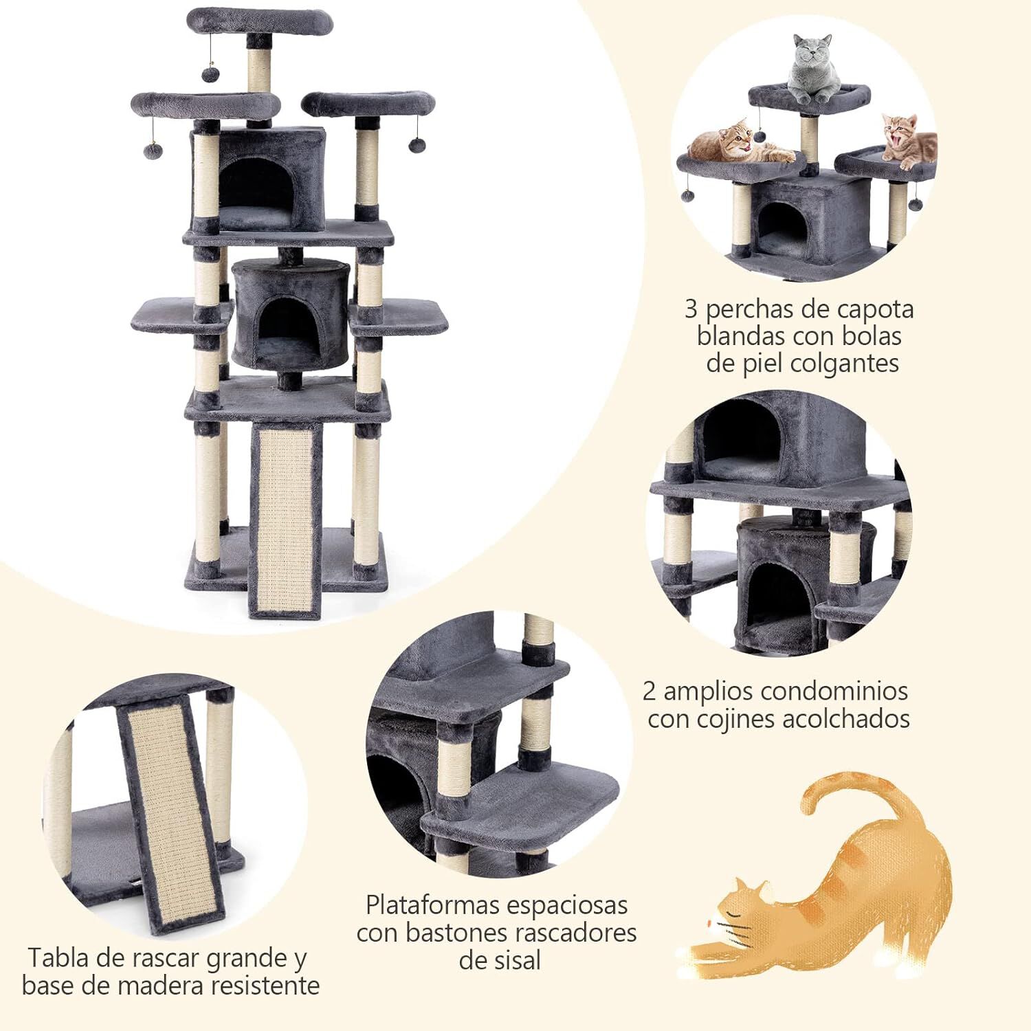COSTWAY Rascador para Gatos, Torre Multinivel 170 cm para Gatos con Palos Rascadores y Tablas, Centro Actividad para Gatos con 3 Posaderos Afelpados, 2 Casitas Acolchadas, 3 Bolitas de Pelo Colgantes, , large Imagen numero 2