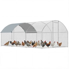 PawHut Gallinero para Exterior Grande 2,8x3,4x1,9 m, 9,5 m&sup2;, Gallinero de Acero Galvanizado con Cubierta de Tela Oxford, Anti-UV e Impermeable, Puerta y Pestillos, Jaula para 10-16 Gallinas, Plata