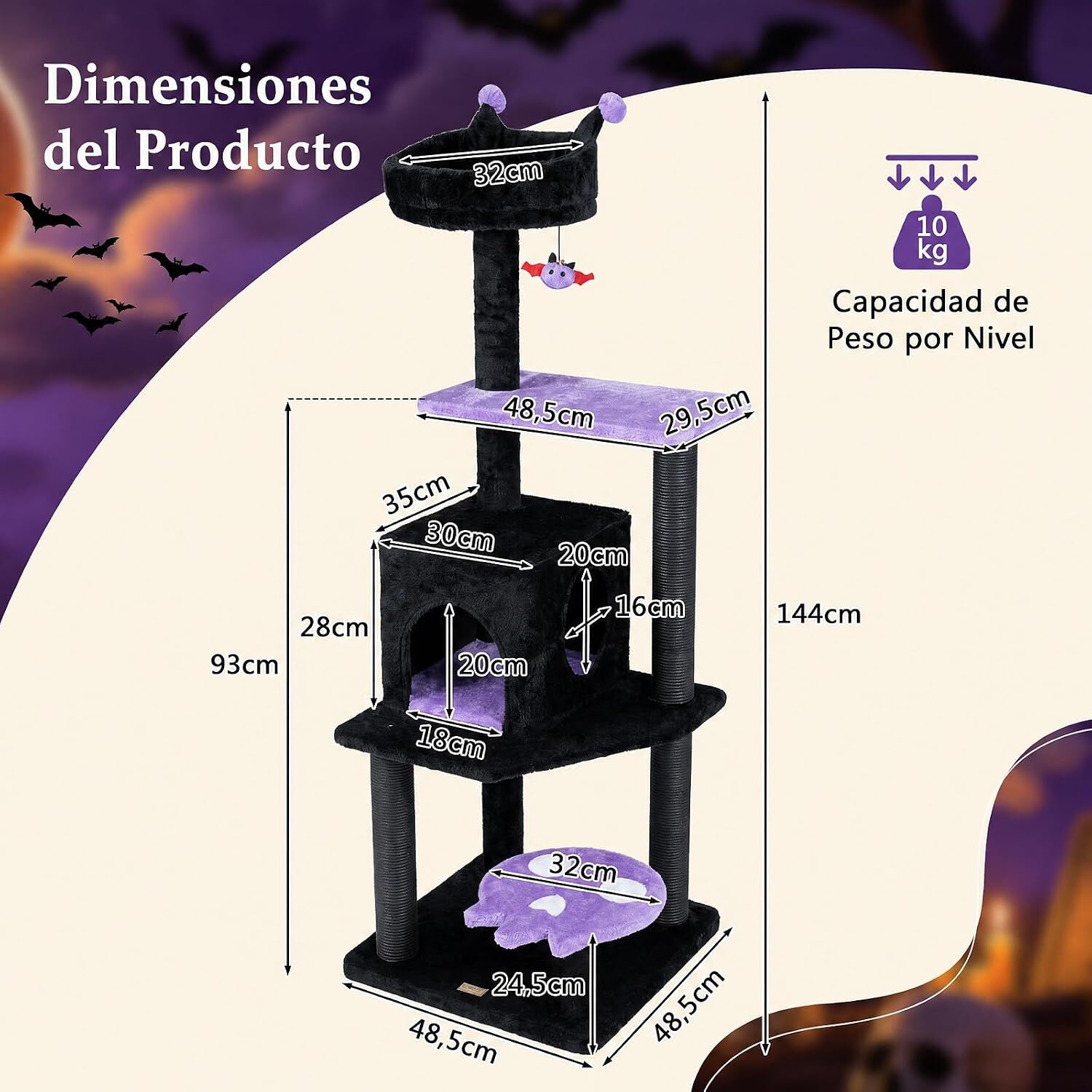 COSTWAY 144 cm &Aacute;rbol Rascador para Gatos G&oacute;tico de Interior, Morado Torre para Gatos Multinivel con Postes Rascadores, Plataformas, Casita y Juguete Colgante, Centro de Actividad para Mascotas, , large Imagen numero 3