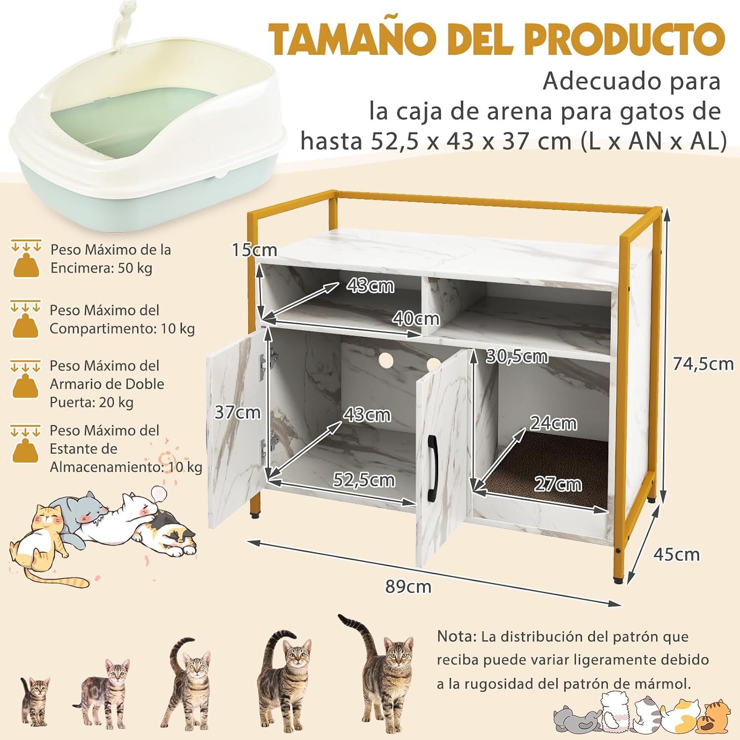 COSTWAY Caja de Arena para Gato, Aseo Gatos Mascotas de Madera, Mueble de Madera para Gatos con Estante & 2 Compartimentos, Muebles Interior para Gato Ocultos para Entrada, Sal&oacute;n (Patr&oacute;n de M&aacute;rmol), , large Imagen numero 3