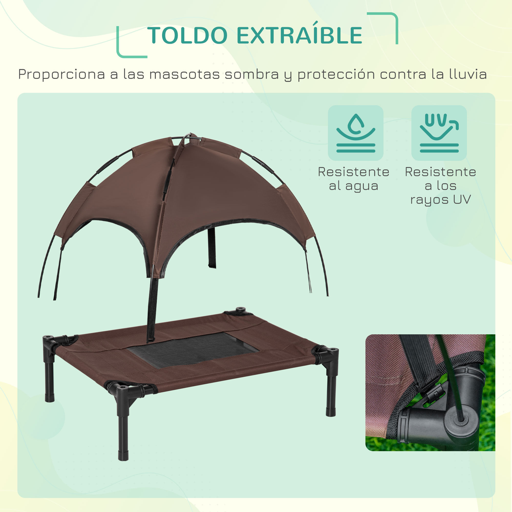 PawHut Cama Elevada para Mascotas Port&aacute;til con Toldo Extra&iacute;ble Tela Transpirable al Aire Libre para Interior y Exterior 61x46x62 cm Caf&eacute;, , large Imagen numero 5