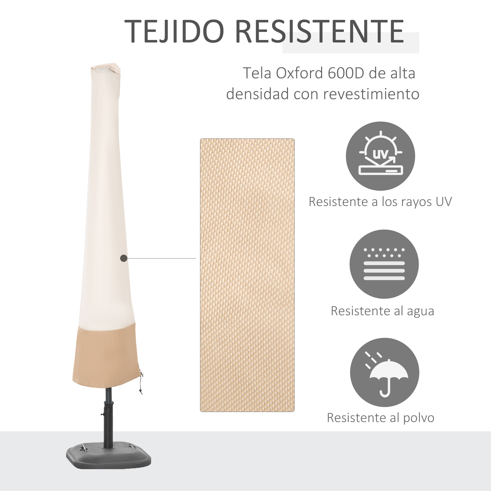 Outsunny Funda para Sombrilla de Jard&iacute;n Impermeable de Tela Oxford 600D &Oslash;60x190 cm Funda Protectora de Parasol con Banda El&aacute;stica y Cremallera para Patio Terraza Exterior Beige, , large Imagen numero 4