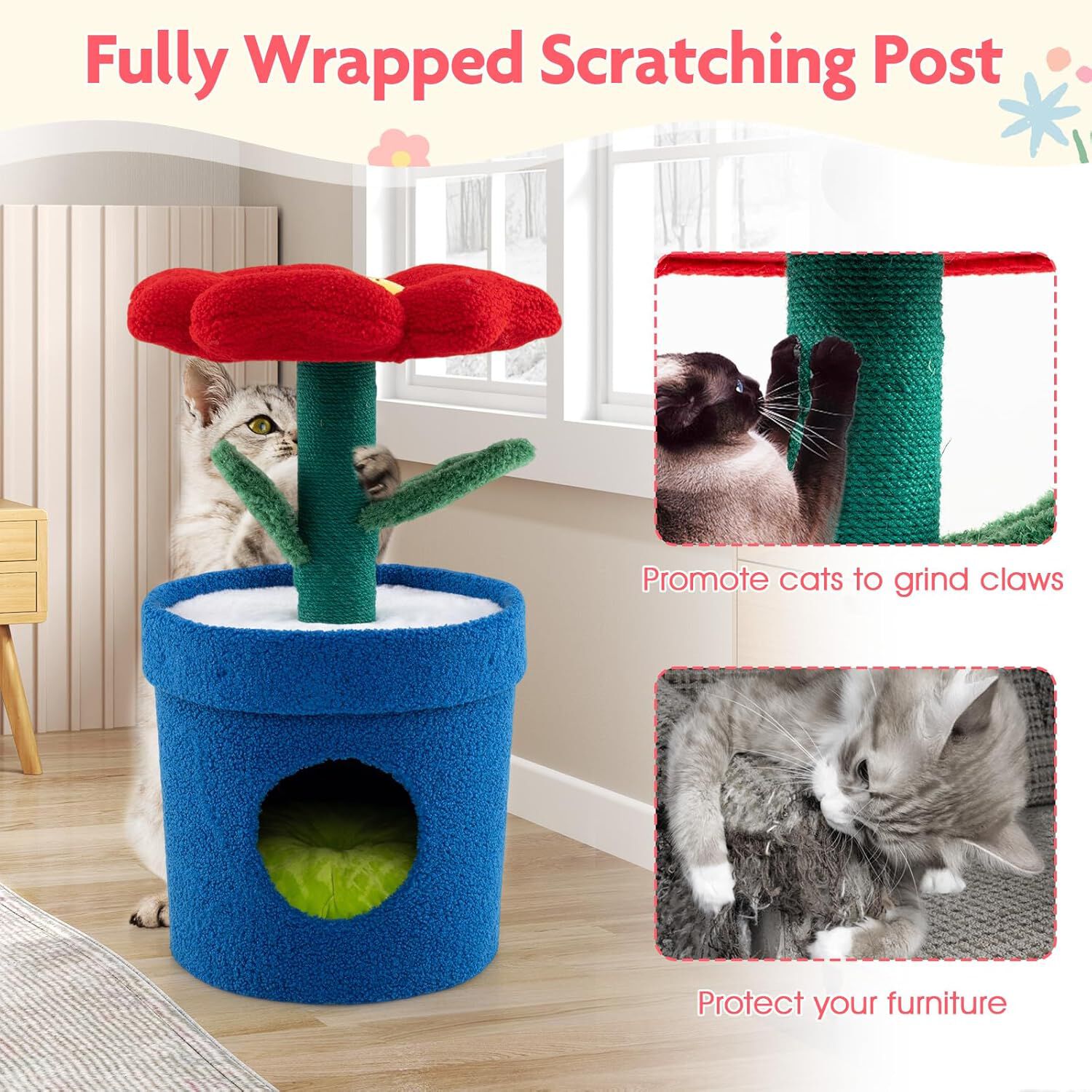 COSTWAY Cama para Gatos con Forma de Flor, Condominio de Mascotas de Interior con Rascador de Sisal, Posadero Acolchado Lavable, Diseño de Maceta, Ideal para Gatitos (Rojo) thumbnail