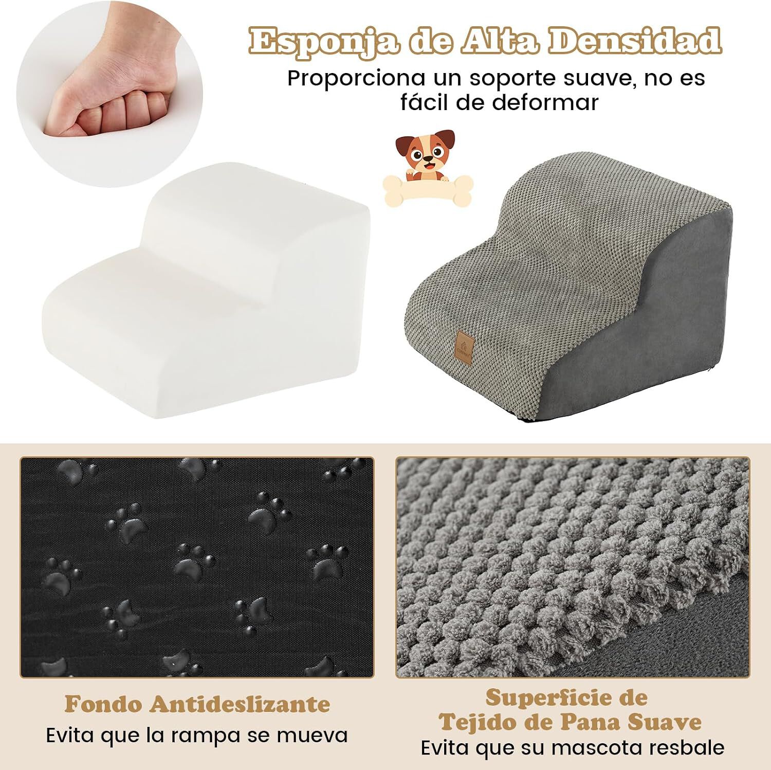 COSTWAY Escalera para Perros, Escalera para Mascotas de 2 Niveles (Gris), con Funda Lavable, Base Antideslizante, Pasos para Perros en Pendiente para Sof&aacute;, Cama o Sof&aacute;, Escalera Suave para Mascotas, , large Imagen numero 4