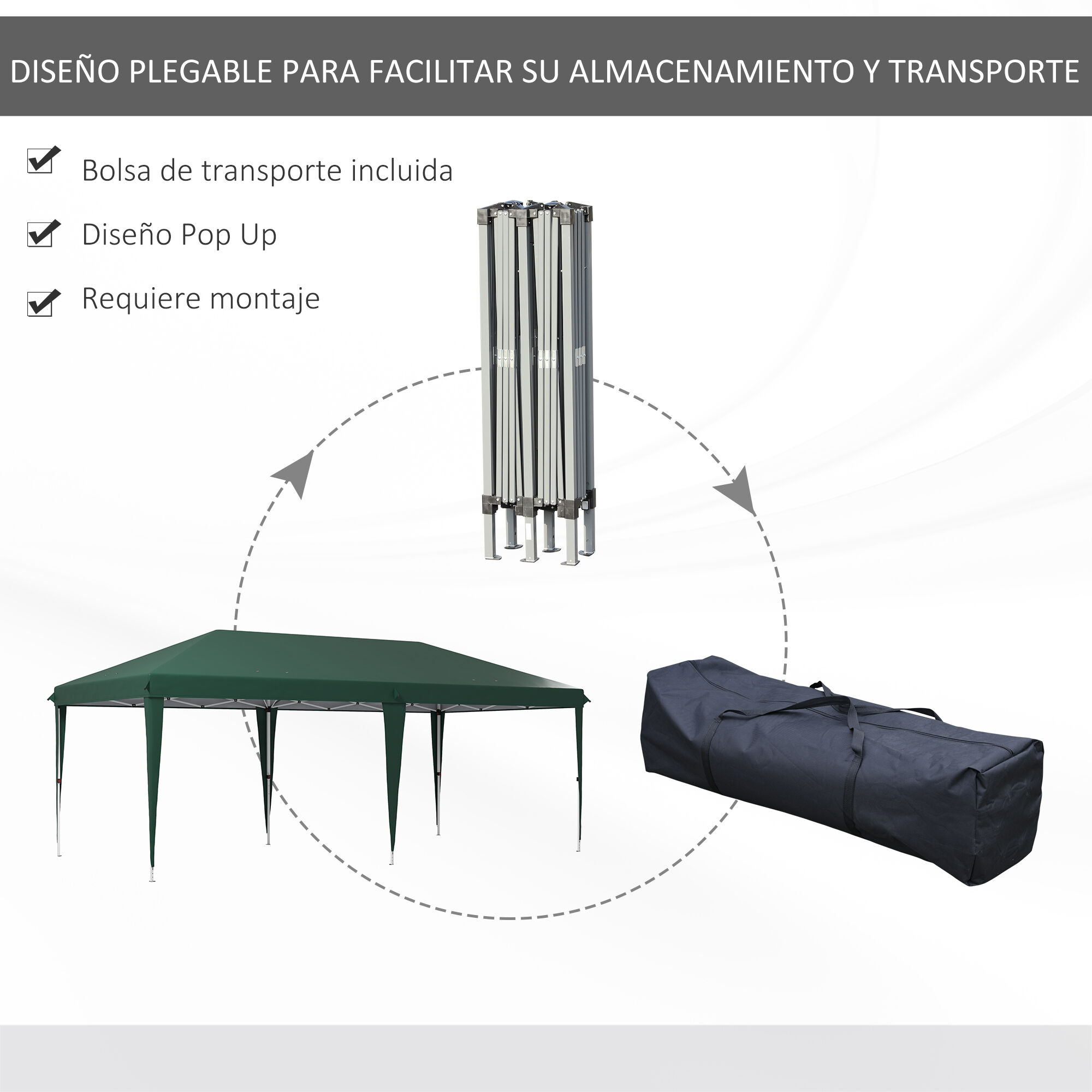 Outsunny Carpa Plegable 6x3 m Cenador de Jard&iacute;n Gazebo con Altura Ajustable en 3 Niveles Bolsa de Transporte Marco de Acero Anti-UV para Patio Fiestas Camping Verde, , large Imagen numero 4