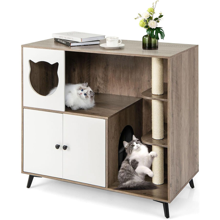 COSTWAY Mueble Arenero para Gatos con 3 Postes Rascadores de Sisal, Condominio para Gatos, Mueble para Caja de Arena 5 en 1 con Ba&ntilde;o Oculto para Gato, Carga 30 kg, Gris y Blanco, , large Imagen numero 1