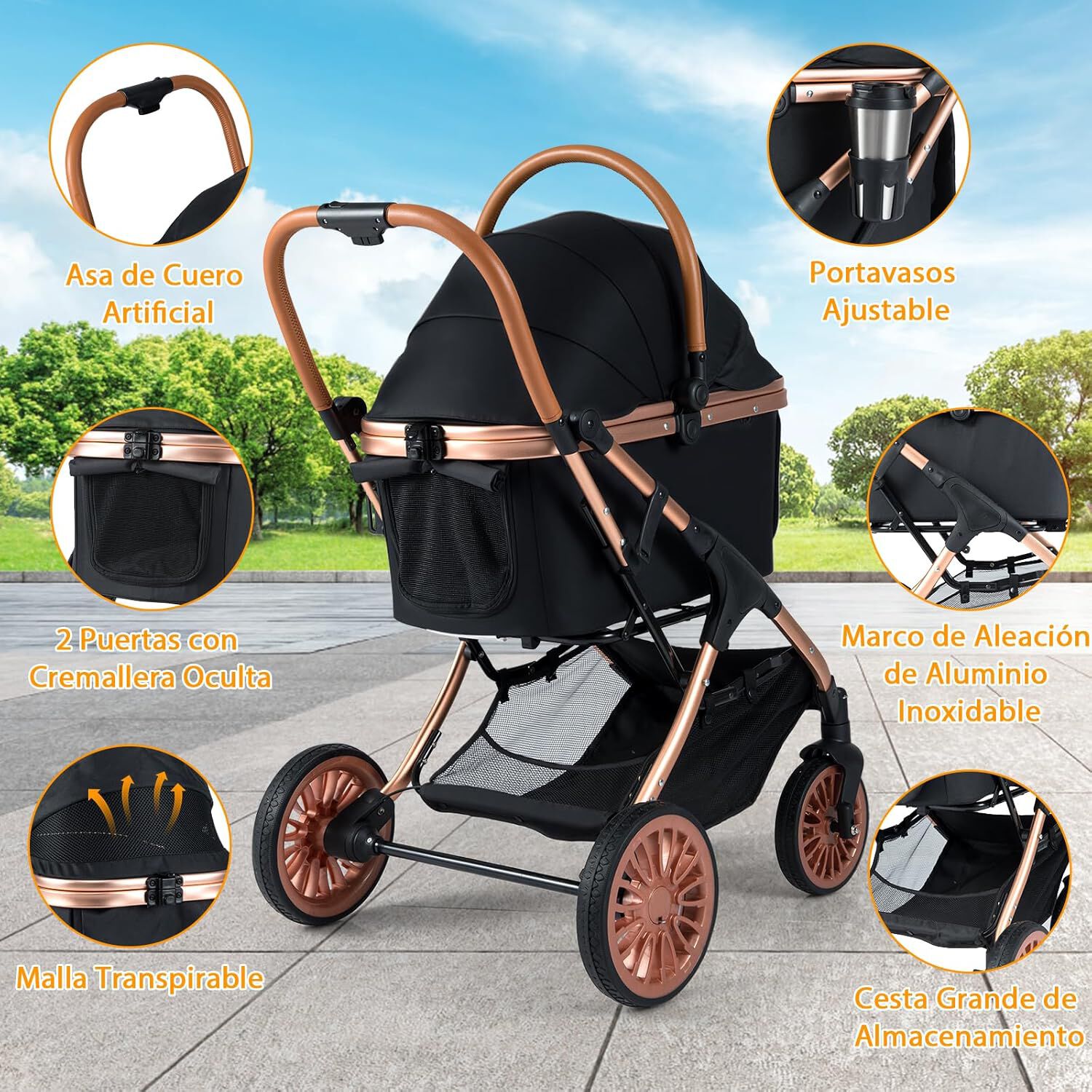 COSTWAY Cochecito para Perros 3 en 1, Carrito para Perros Plegable con Transport&iacute;n Removible, Sombra Solar, Almohadilla Extra&iacute;ble, Cintur&oacute;n de Seguridad, Cesta y Portavasos, Carro Mascotas, Carga 25kg, , large Imagen numero 4