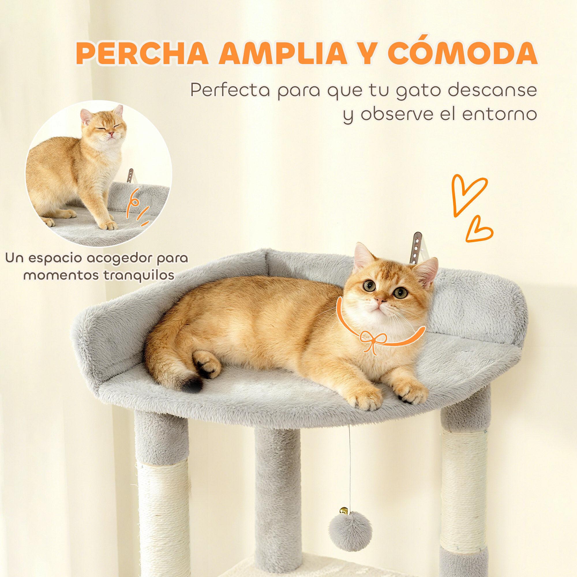 PawHut &Aacute;rbol Rascador para Gatos Grande, &Aacute;rbol para Gatos, Altura 170 cm, Torre de Escalada con 7 Postes, 1 T&uacute;nel, 3 Plataformas, 2 Cuevas, 1 Hamaca, 1 Percha, 1 Rampa, Pompones, Gris Claro, , large Imagen numero 5
