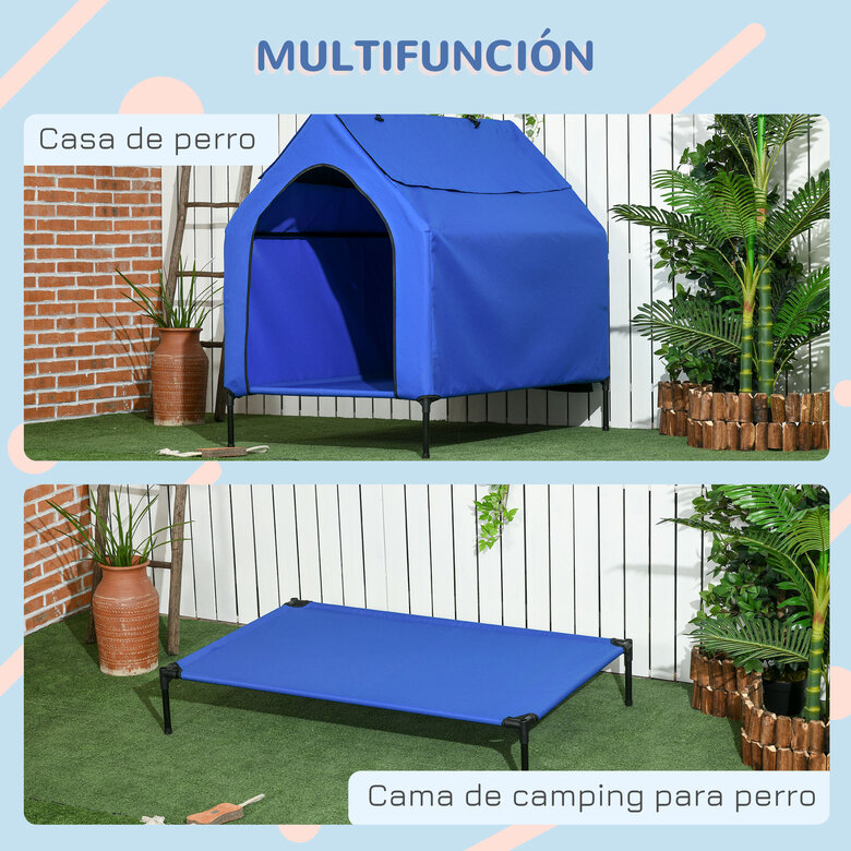 PawHut Caseta con Cama Elevada y Parasol azul para perros, , large image number null