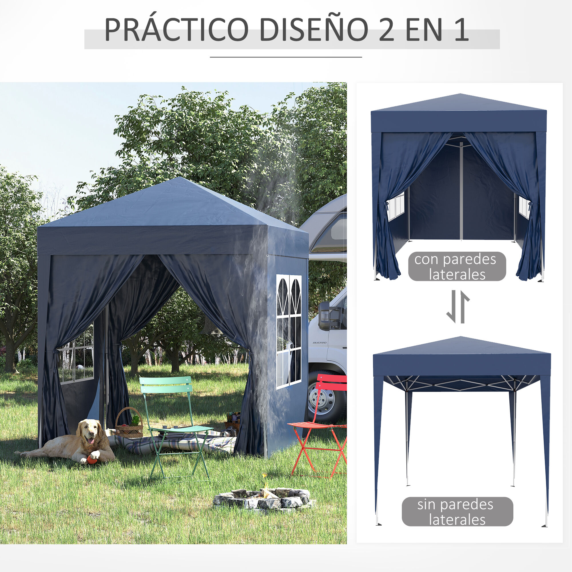 Outsunny Carpa Plegable Gazebo 2x2 m Cenador de Jard&iacute;n con 4 Paredes Laterales Tela Oxford 2 Puertas 2 Ventanas y Bolsa de Transporte Impermeable para Exterior Terraza Camping Fiestas Azul, , large Imagen numero 4
