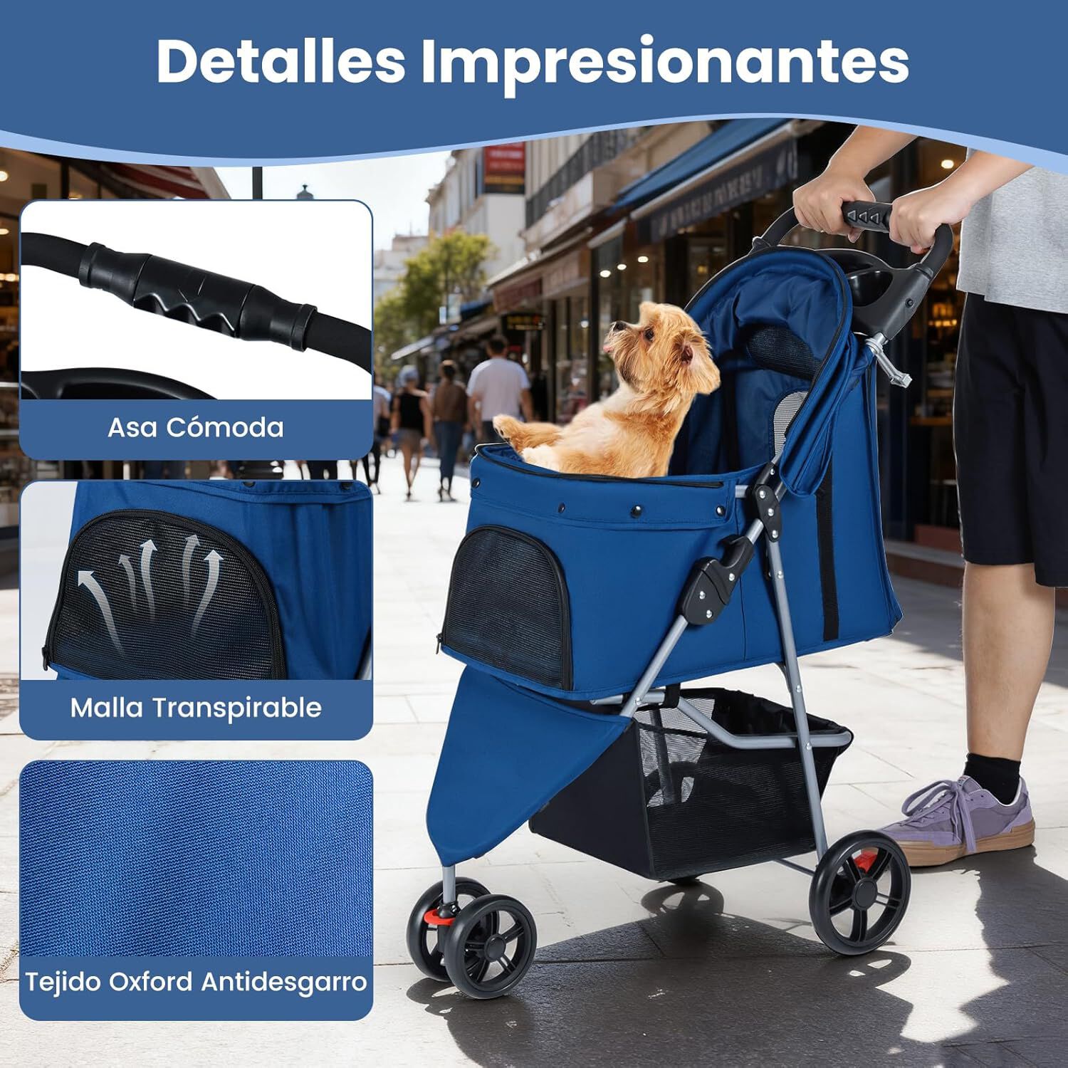 COSTWAY Cochecito Plegable para Mascotas, Carrito para Perros con Capota Ajustable, Almohadilla Lavable Extra&iacute;ble, Cesta de Almacenaje, Portavasos, Carro para Perros hasta 15 kg, 82x45x100 cm (Azul), , large Imagen numero 3