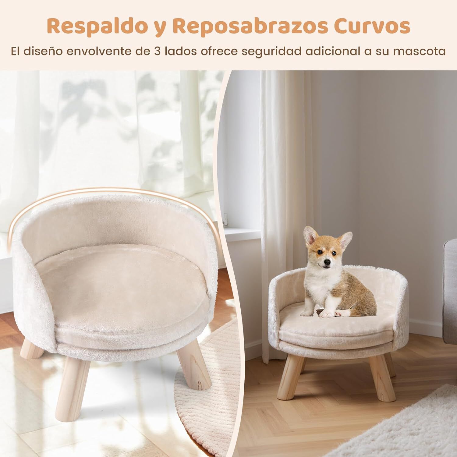 COSTWAY Sof&aacute; Cama Alta para Perros Peque&ntilde;os, Cama para Gatos con Coj&iacute;n Redondo Acolchado, Sof&aacute; para Mascotas con Patas de Madera, Mueble Elevado para Mascotas con Coj&iacute;n, 42 x 42 x 33 cm, , large Imagen numero 2