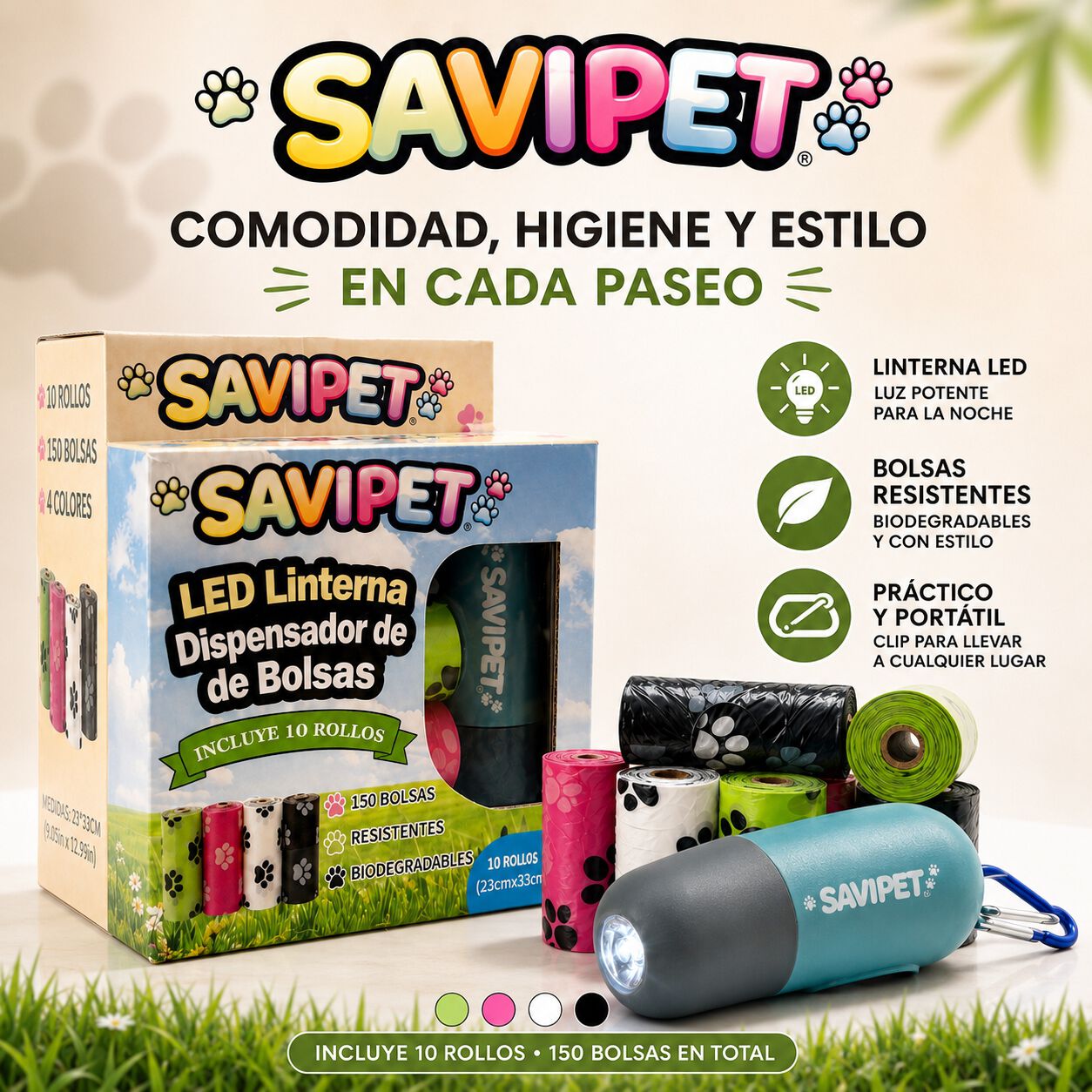 Dispensador de Bolsas de Excremento para Perro con Linterna LED | Incluye 150 Bolsas, 10 Rollos, , large Imagen numero 2