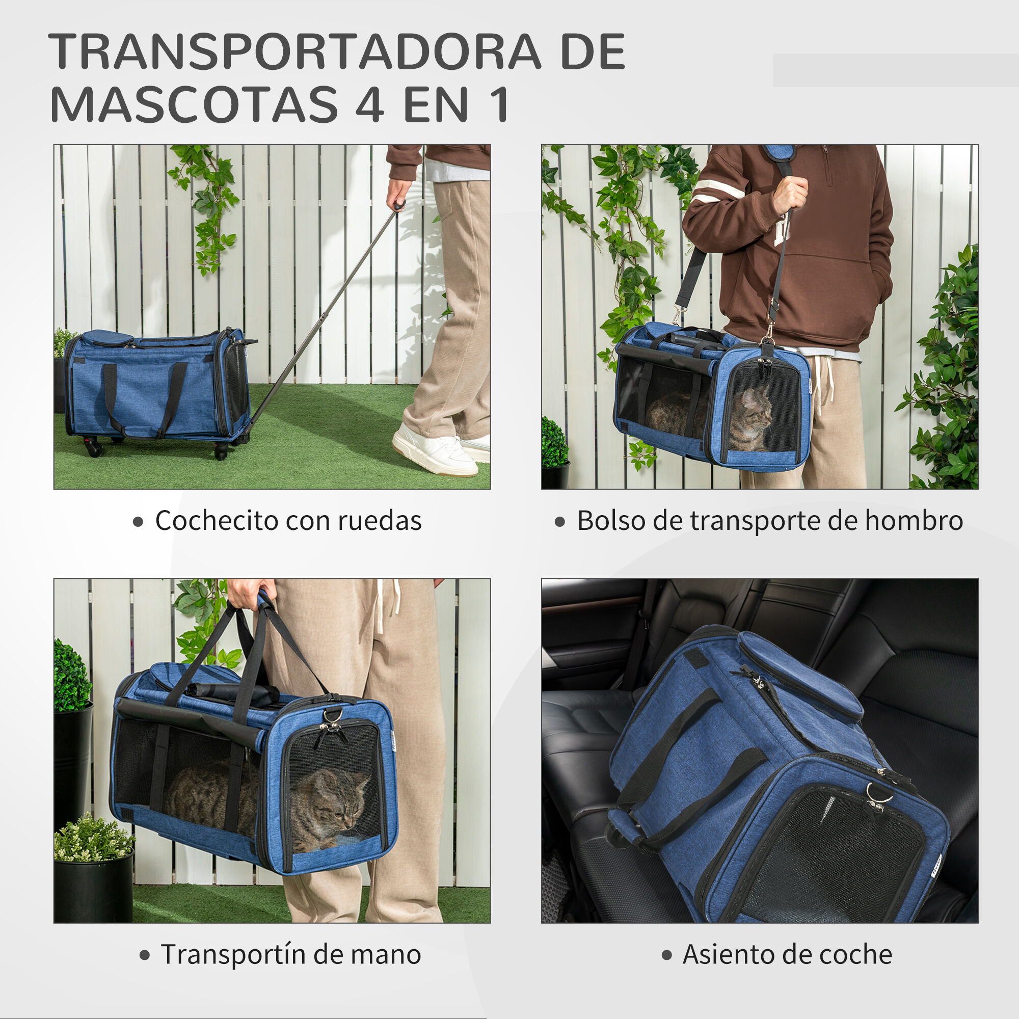 PawHut 4 en 1 Transportadora para Mascotas con Ruedas Carrito para Mascotas Bolsa de Transporte para Perros Gatos con Asa Telesc&oacute;pica de Aluminio 50x31x37 cm Azul, , large Imagen numero 5