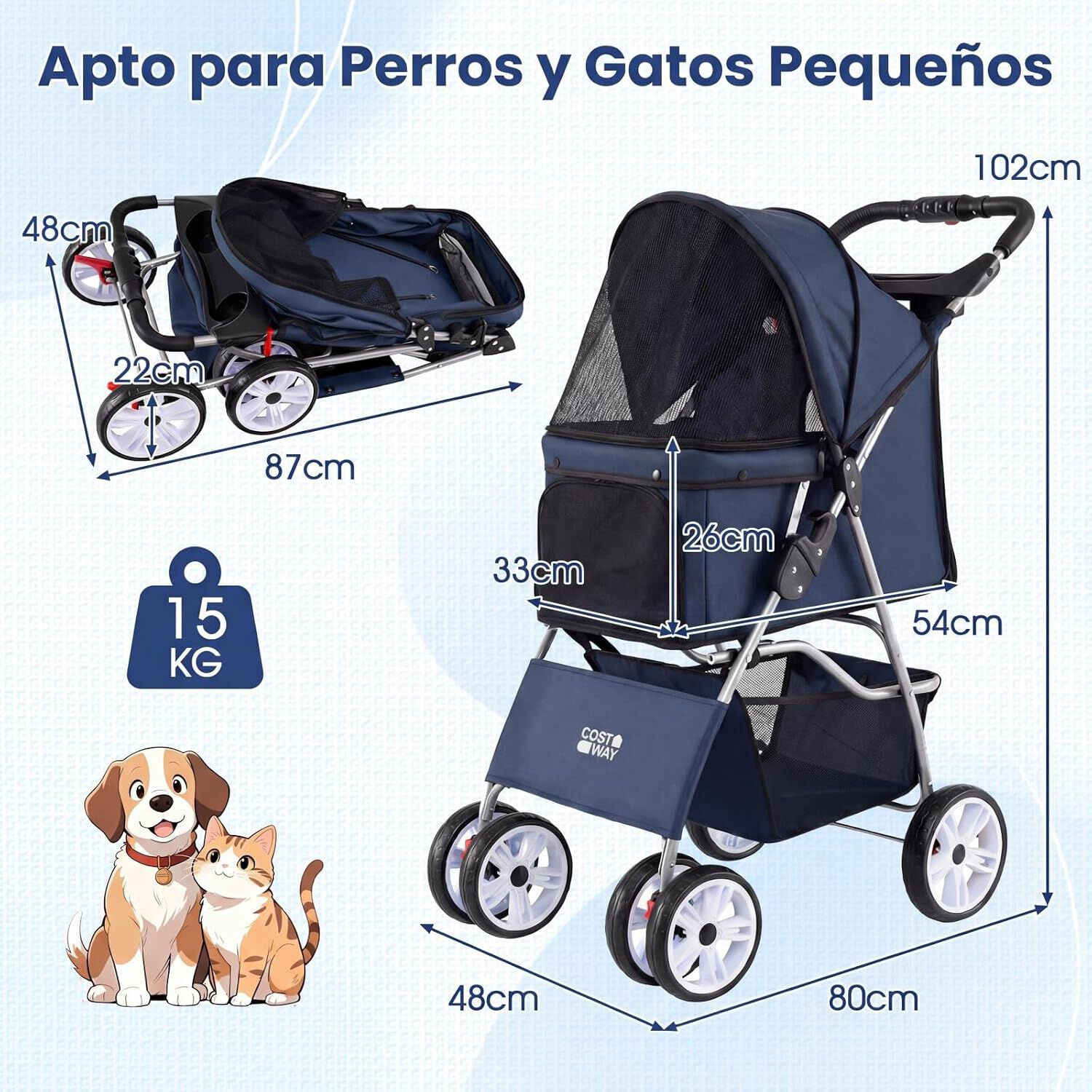 COSTWAY Cochecito para Mascotas, Carrito para Perros Plegable con Ruedas Grandes, Malla Transpirable, Cubierta Impermeable, Portavasos y Cesta, Carro para Perros Peque&ntilde;os y Gatos hasta 15 kg, Azul, , large Imagen numero 5