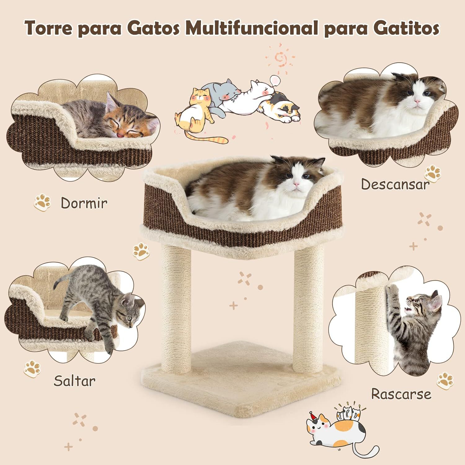 COSTWAY &Aacute;rbol Rascador Compacto para Gatos, Altura 50 cm, Torre de Sisal Natural Alfombrado con Plataforma Felpa y Poste de Rascado, Torre para Rascar, Relajarse y Dormir (Beige), , large Imagen numero 5
