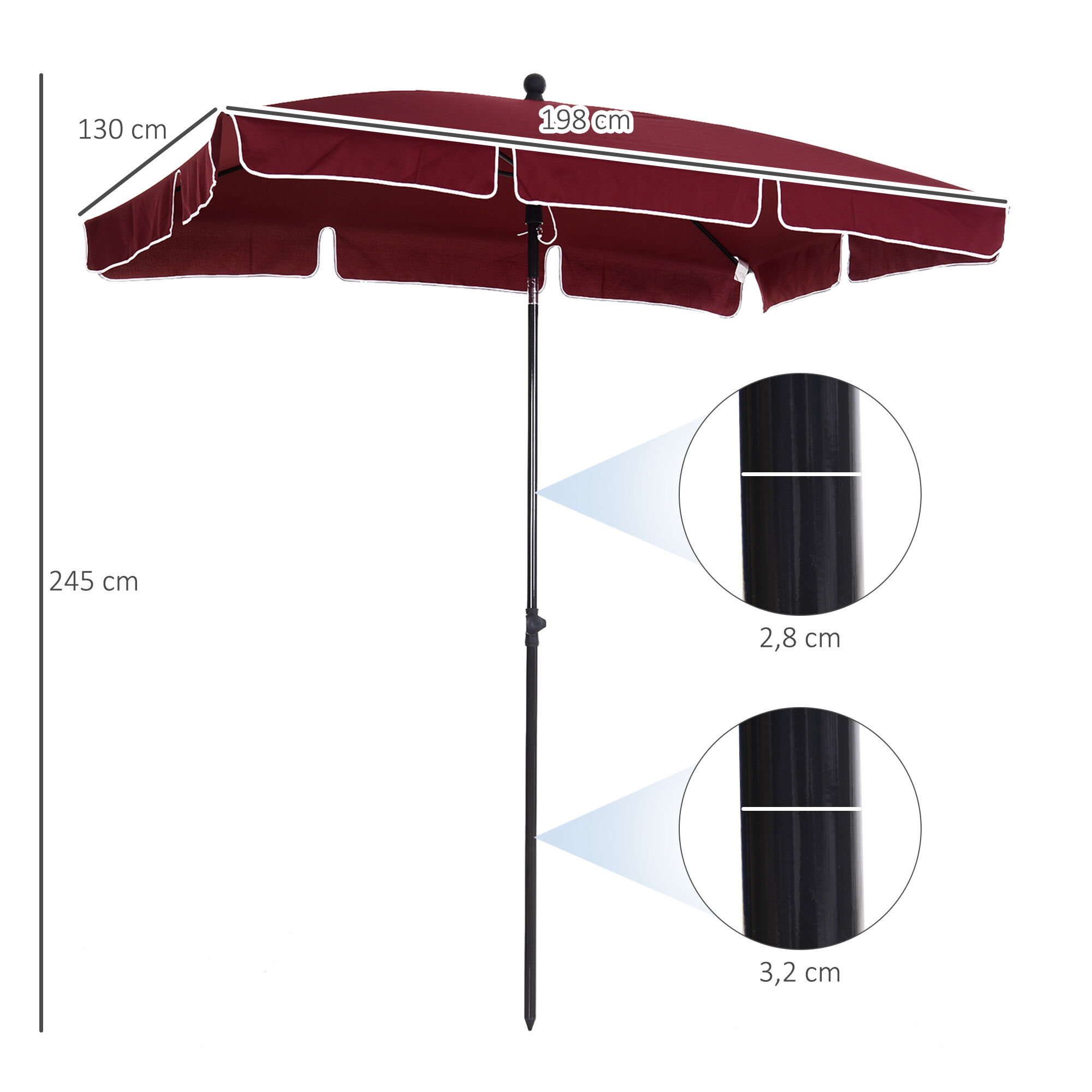 Outsunny Sombrilla de Jard&iacute;n de Aluminio 198x130x245 cm Parasol de Jard&iacute;n Rectangular con Funci&oacute;n de Inclinaci&oacute;n para Terraza Patio Exterior Rojo Vino, , large Imagen numero 3
