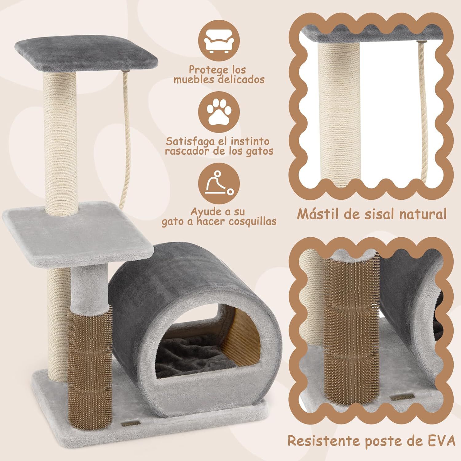 COSTWAY &Aacute;rbol para Gatos Altura 92 cm, Torre para Gatos con Plataforma Superior, Casa C&oacute;moda, Poste de Sisal, Bola interactiva, Centro de Actividades de M&uacute;ltiples Niveles para Gatos (Gris), , large Imagen numero 4