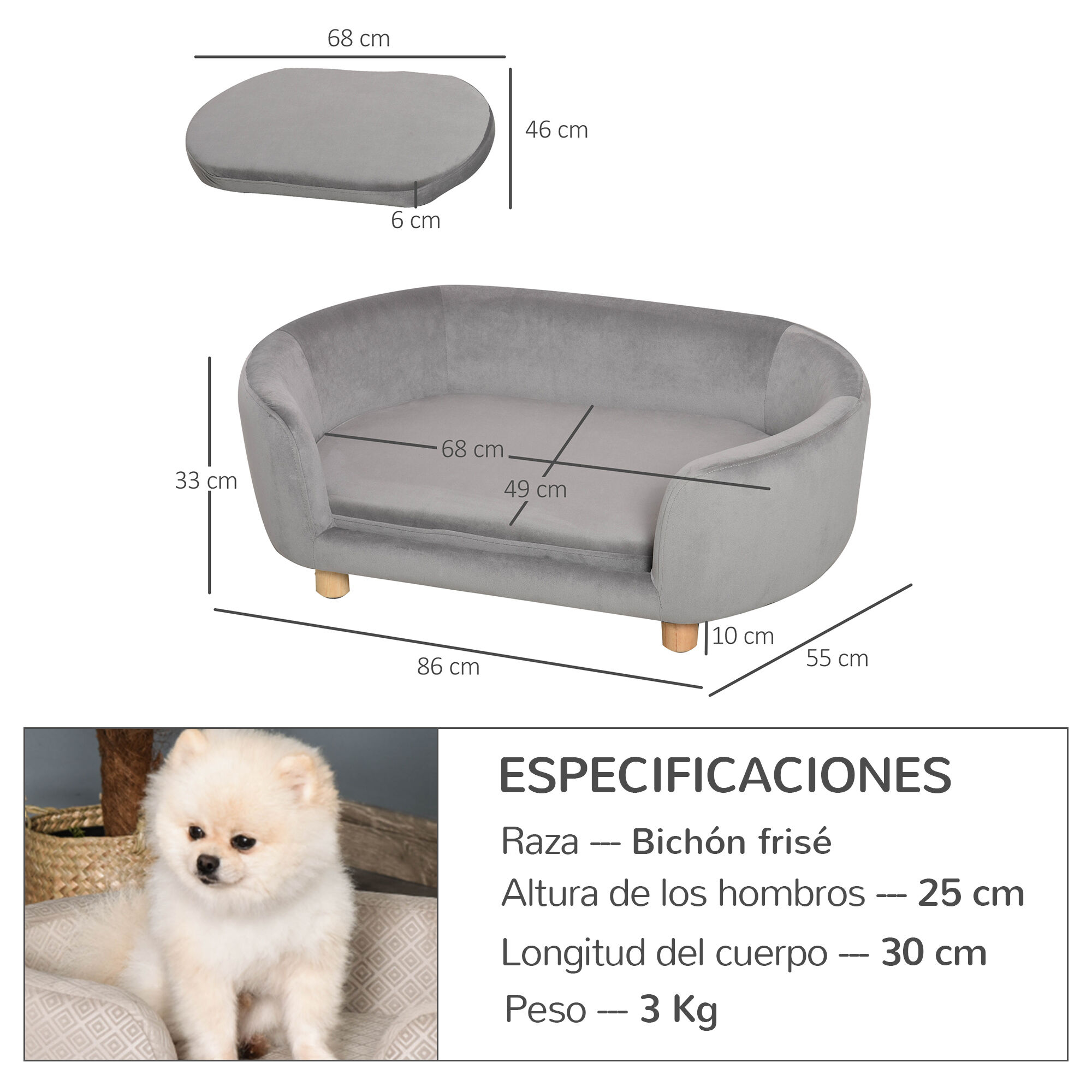 PawHut Sof&aacute; para Perros Gris Claro, , large Imagen numero 3