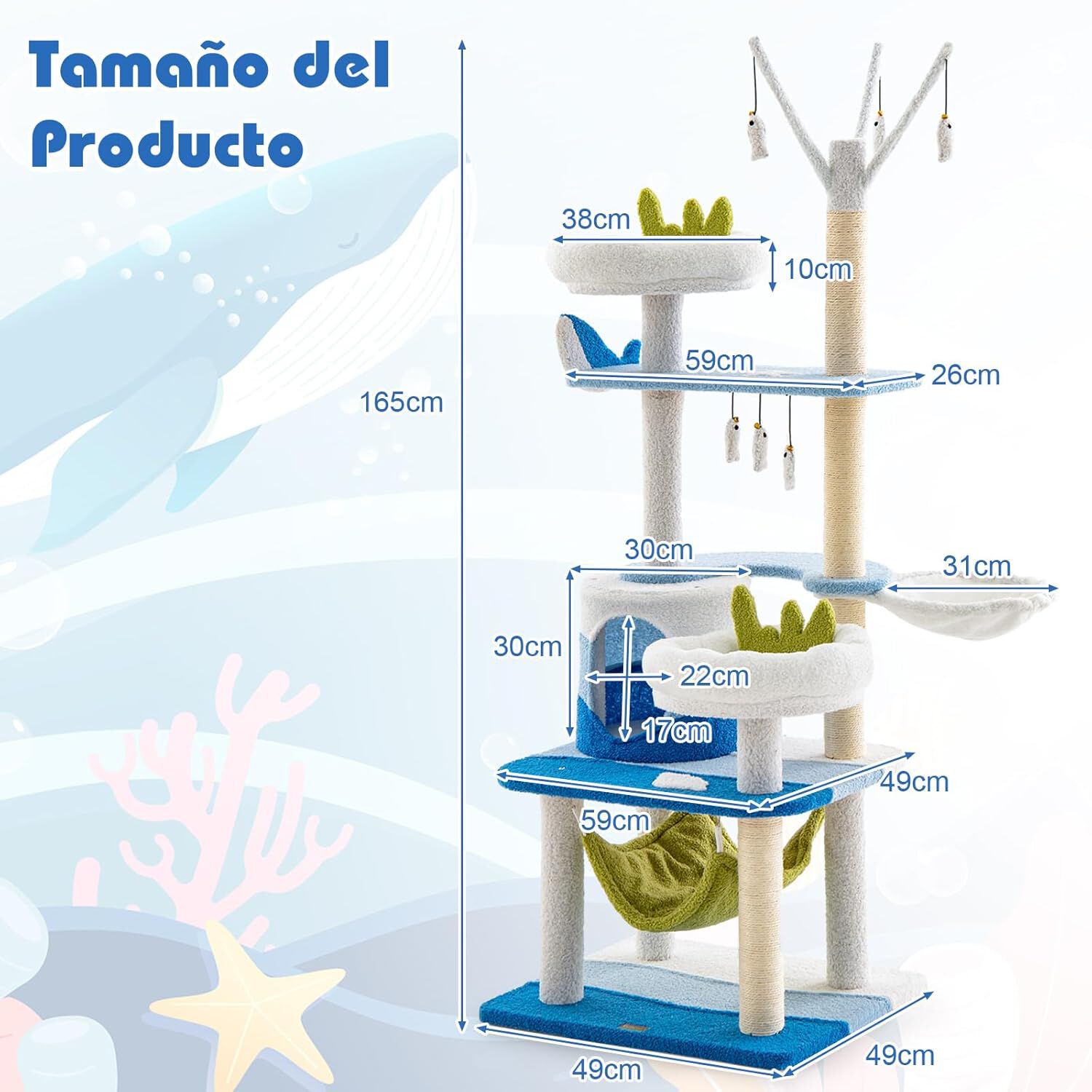 COSTWAY &Aacute;rbol para Gatos con Tem&aacute;tica Oce&aacute;nica, Torre para Gatos de Varios Niveles con Rascadores Cubiertos de Sisal, Condominio, Percha, Hamaca, Plataformas de Salto, Juguetes Interactivos Colgantes, , large Imagen numero 5