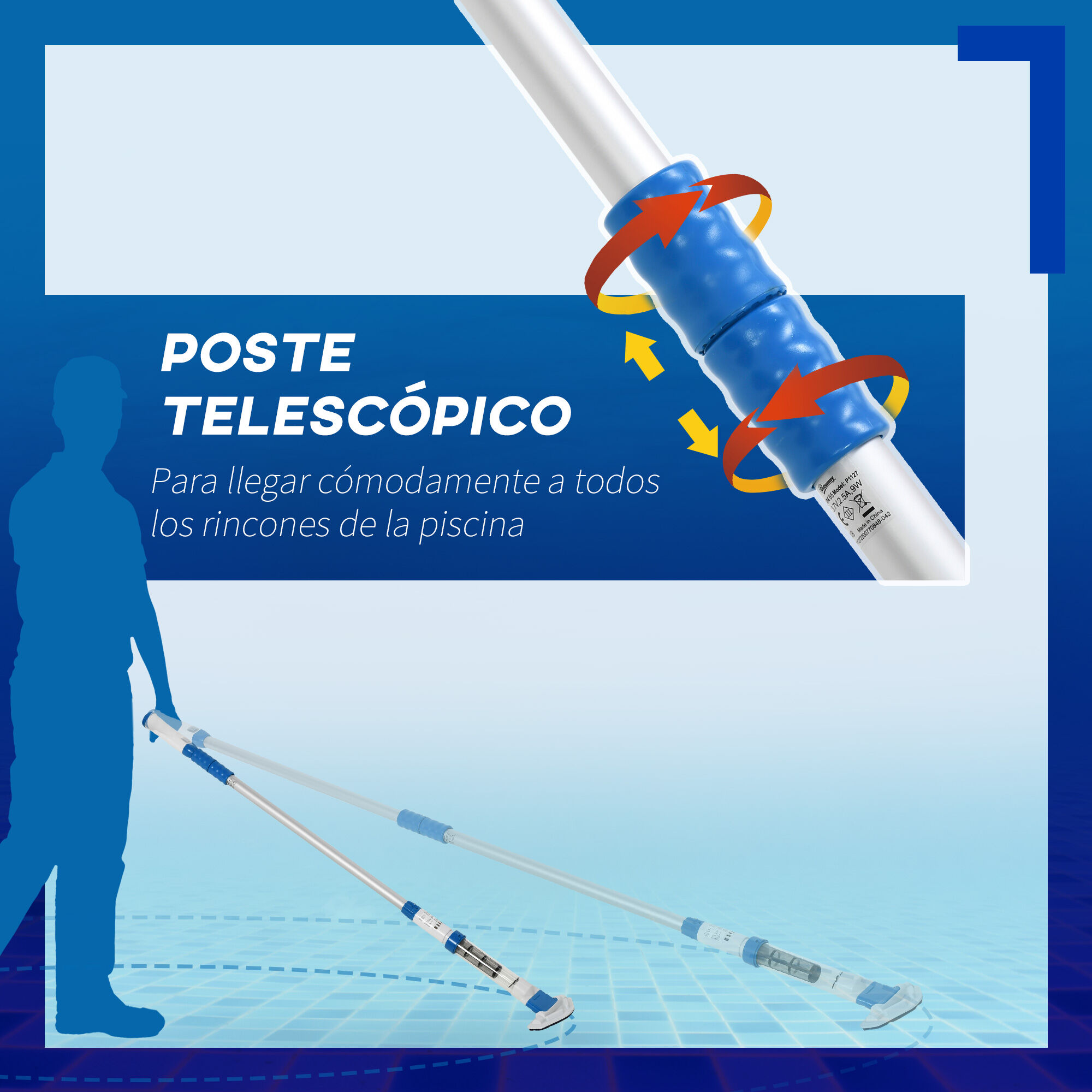 Outsunny Limpiafondos para Piscina Manual Aspirador de Piscina El&eacute;ctrico Autonom&iacute;a 45 Minutos con Poste Telesc&oacute;pico 150-210 cm Cepillo y 2 Ruedas para Estanques 210x17x7 cm Plata, , large Imagen numero 5