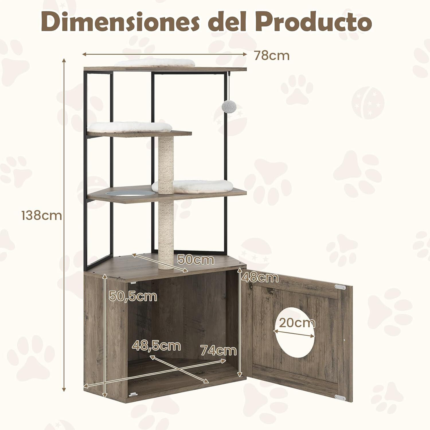 COSTWAY &aacute;rbol para gatos con armario para caja de arena, armario para gato para caja de arena, casa para gatos de madera, &aacute;rbol para gatos con postes de sisal, plataformas, abertura para gato y alfombrillas, mueble para gatos, Marr&oacute;n, , large Imagen numero 5